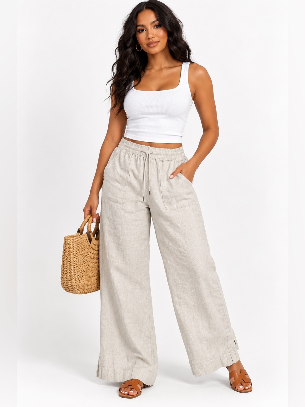 Athleta 100% Linen Wide Leg Pull-On Pants Beige Drawstring